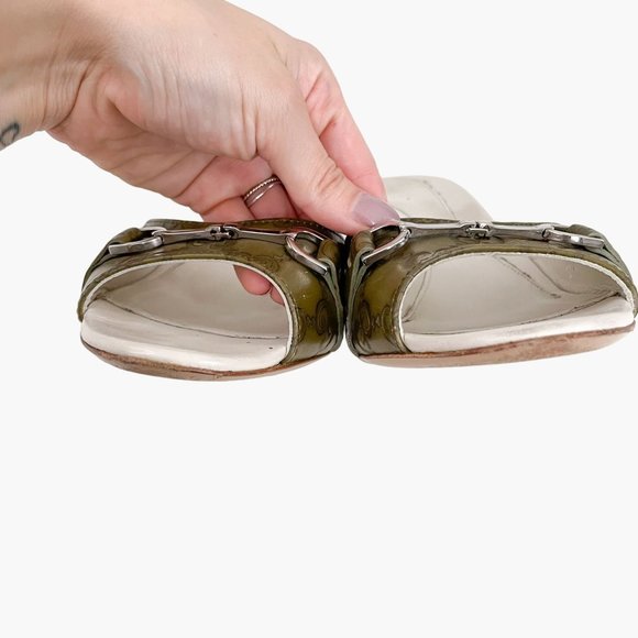 Gucci Horsebit Mules EU 39 US 9 Green GG Peep Toe Buckle High Heel Slide Sandals - Picture 6 of 12